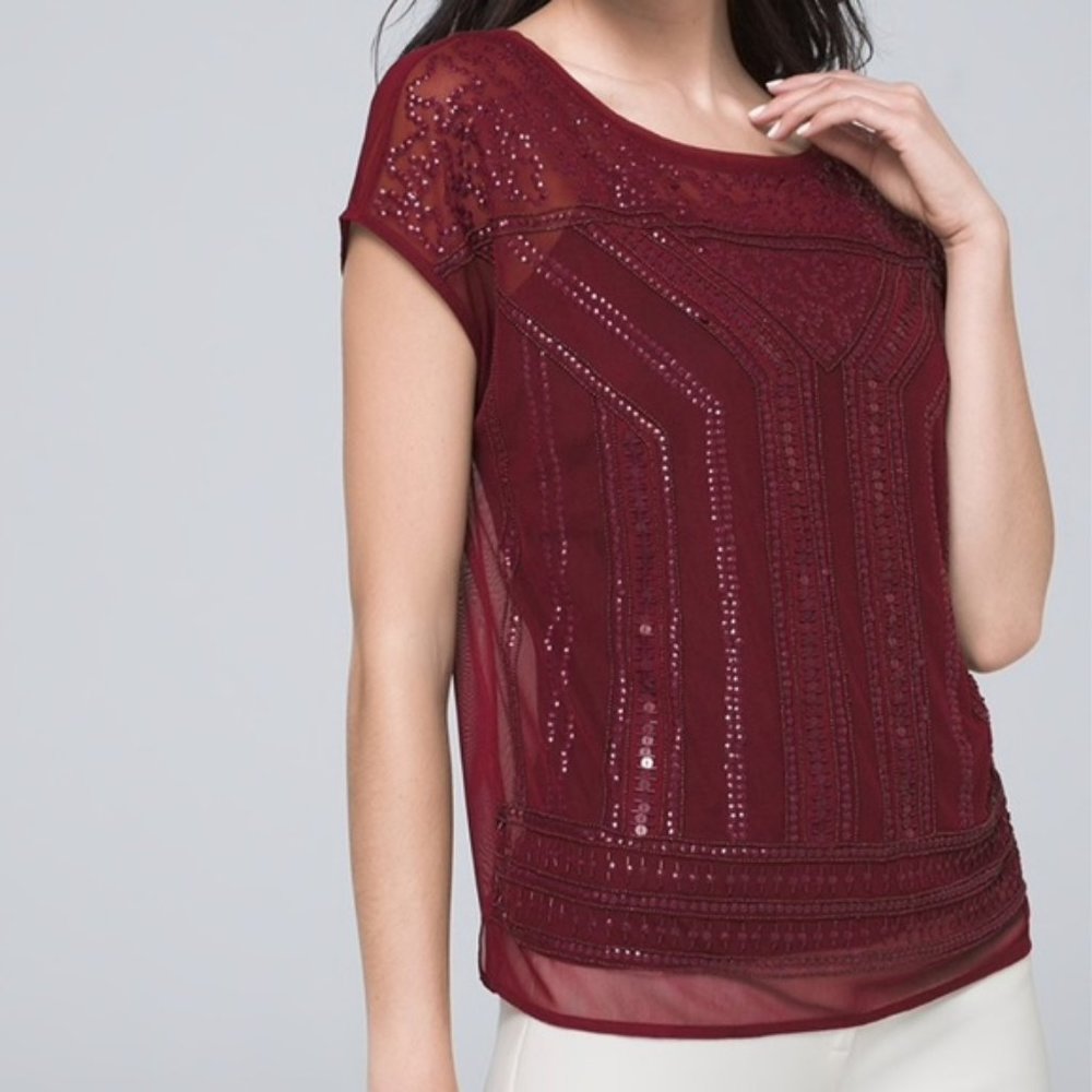 NWT WHBM Embellished Red Sheer Top